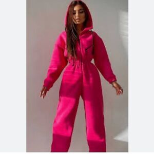 Pink fleece onesie hoodie jumpsuit brand new never worn read sizing below